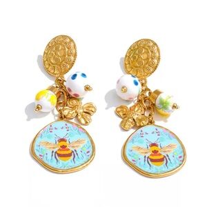 Sara Sotti Stainless Steel Gold Bee Drop Earrings with Blue Enamel Discs